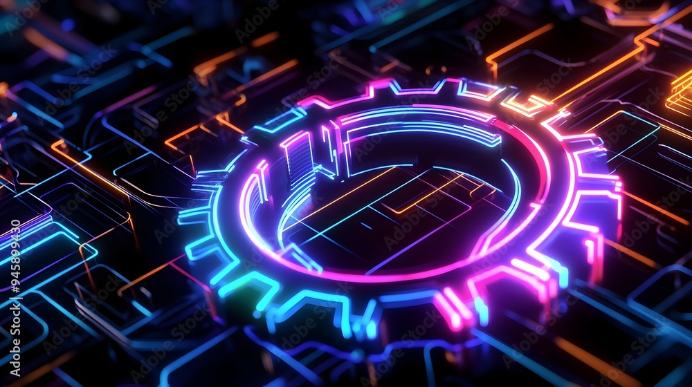 Poster glowing futuristic mechanical gear system with abstract digital energy patterns