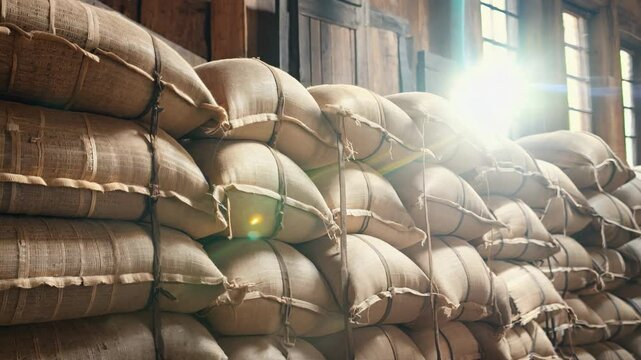 Stack hemp sacks of rice or coffee, industrial storage