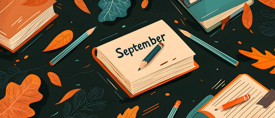 
A flat vector illustration of a "September" background, showcasing a school-themed scene with books, pencils, and leaves. Earthy tones dominate, with a balanced layout and geometric shape