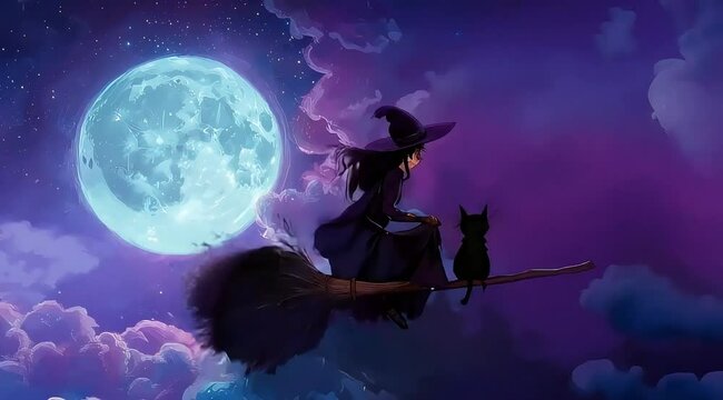 A witch floats in the air on her broom, with a black cat perched at the other end, as they both admire the full moon against a starry night background, creating a Halloween-themed scene.