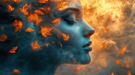 woman in vibrant orange and turquoise hues of falling golden leaves 