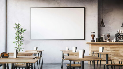 Stylish cafe interior featuring wooden tables, a blank wall, and a coffee station, ideal for modern dining or workspace settings.