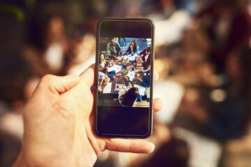 Restaurant, lunch and business people with phone screen for picture, document memory and...