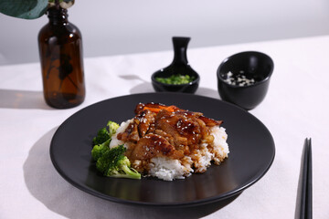 Chicken Teriyaki grilled rice with rice Japanese Food Style , put on white table
