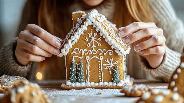 Woman Decorating a Gingerbread House - Powered by Adobe