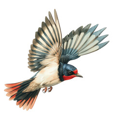 A charming illustration of a swallow in mid-flight, rendered in a colorful, stylized manner, evoking a playful childrens book aesthetic