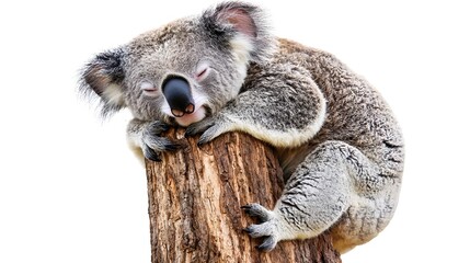 Naklejka premium Sleepy koala resting peacefully on a tree trunk with white background