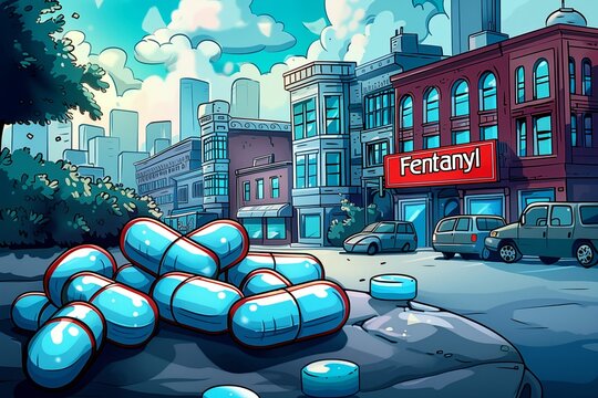 Blue fentanyl pills spilling on urban street at dusk with residential buildings and pharmacy, opioid drug addiction crisis concept