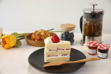 Strawberry cake freshly baked strawberry pastry creamy layer cake in isolate white background