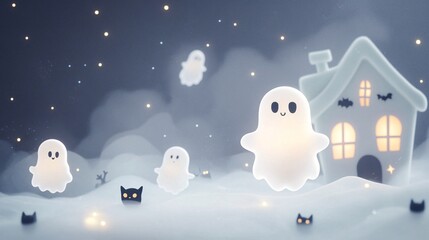 Obraz premium Playful Halloween Scene with Ghost and Cat Figurines in Front of Haunted House
