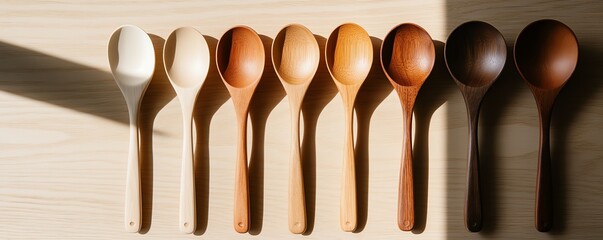 A collection of wooden spoons in various shades, showcasing natural wood textures and craftsmanship.