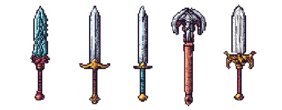 8bits Pixel art sprite sheet of  fantasy weapons in RPG Games