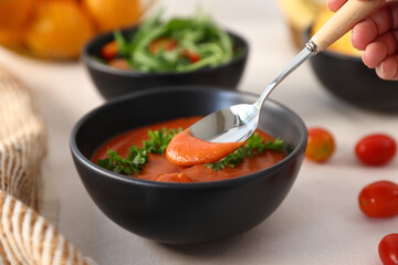 salad tomato soup and chips in black bowl healthy eating, healthy lifestyle