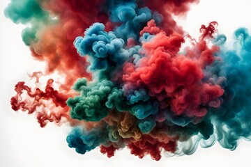 A vivid explosion of multicolored smoke including reds greens and blues spreading across a white, Ai generated