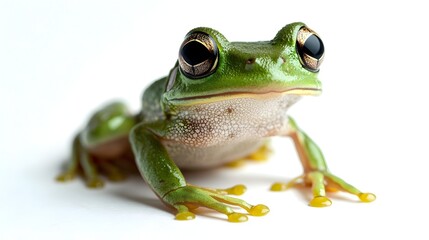 Obraz premium Tiny Green Frog with Large Eyes on White Background