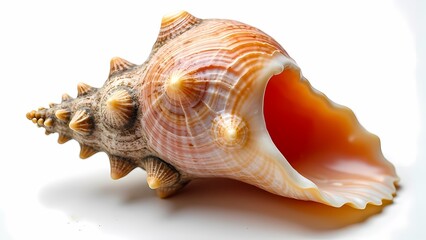 Detailed Conch Shell with Glossy Spiral Patterns and Natural Pink to Orange Colors on White Background
