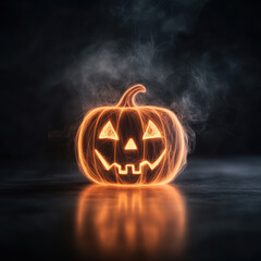 A glowing Halloween pumpkin with a spooky face, surrounded by mist, perfect for autumn decorations and festival themes.