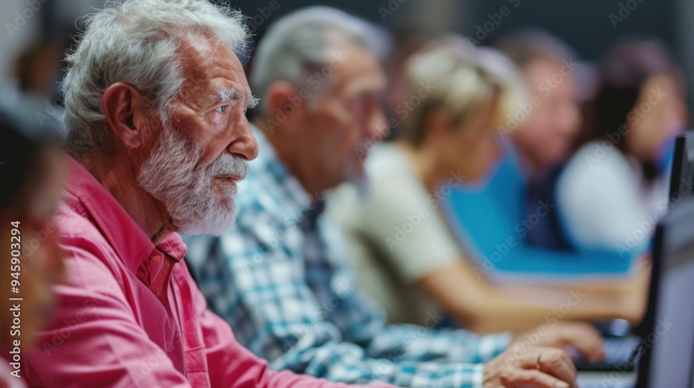 Poster older adults participating in a computer literacy course, learning to use new technology with the he
