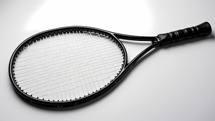 Sleek Black Tennis Racket with Detailed Grip and White Strings on White Background