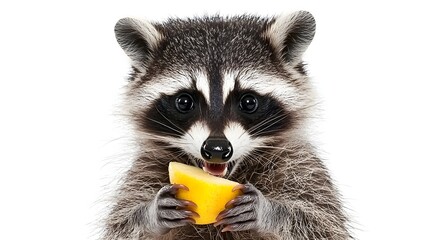 Obraz premium Mischievous Raccoon Holding Piece of Fruit on White Backdrop