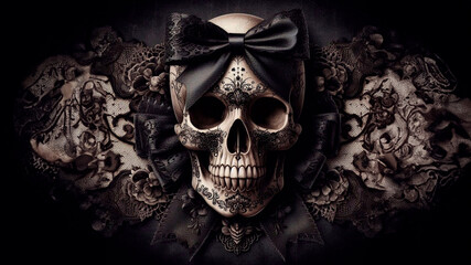 Fototapeta premium Gothic Skull With Lace Black Bow