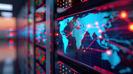 A high-tech server room showcasing global networks with vibrant lights, symbolizing connectivity and data flow.