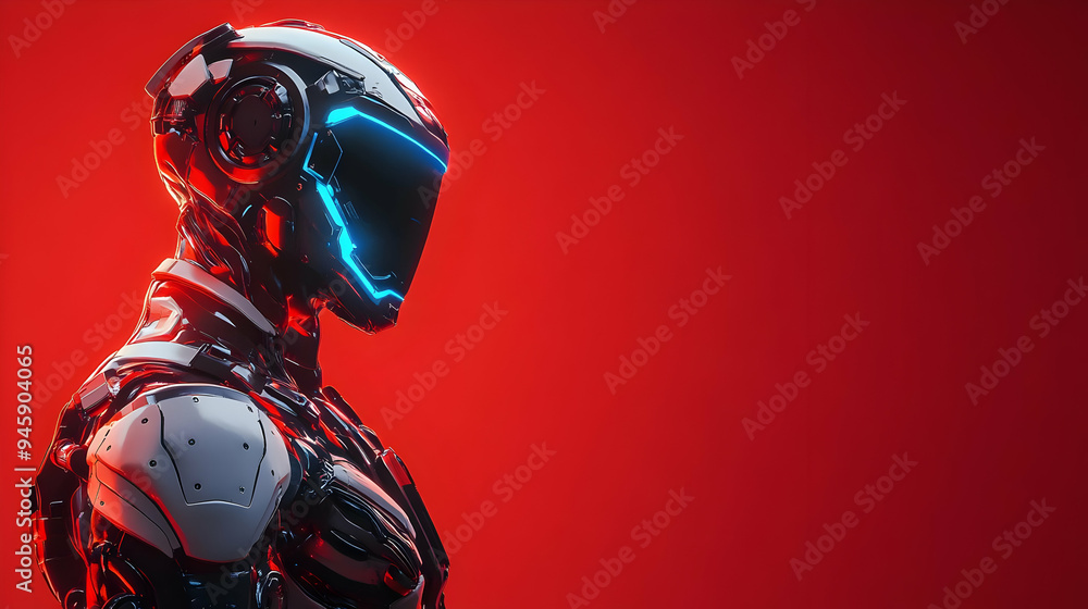 Poster futuristic robot in a silver suit with a glowing blue visor on a red background isolated on transpar