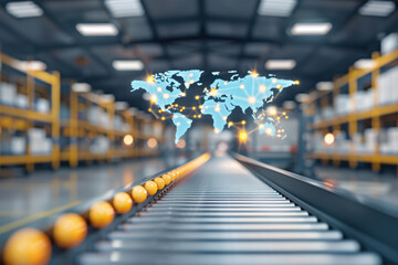 A modern warehouse interior featuring a conveyor system and a digital world map, symbolizing global logistics and distribution.