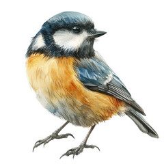 This illustration depicts a small blue tit perched on a branch. The bird is facing the right, with its head tilted slightly to the side. Its feathers are a mix of blue, grey, and yellow