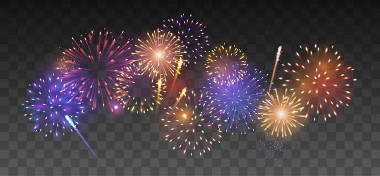 Vector decorative border with colorful exploding fireworks in the sky on transparent background - celebration card, festival banner