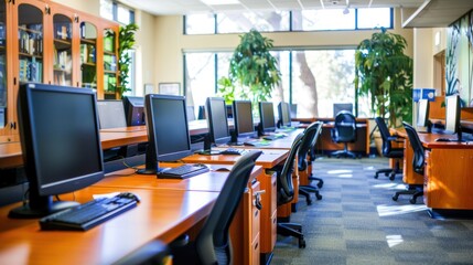 A community center equipped for adult learning, with computers, study areas, and group meeting spaces