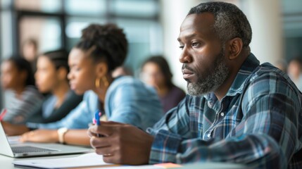 An adult learner taking notes during a lecture, another using a computer for an interactive exercise, and another participating in a group activity