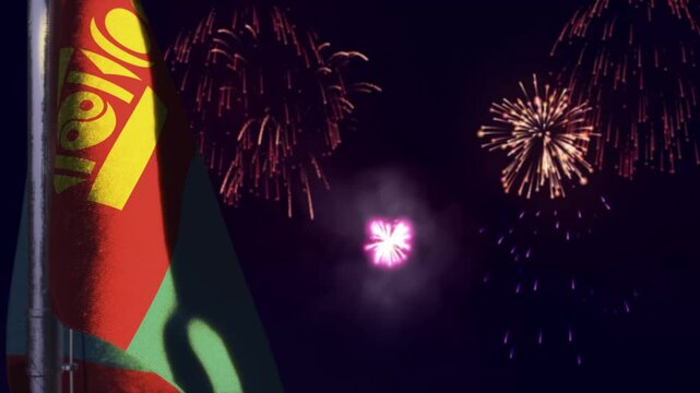 hanging Mongolia flag on fireworks sky bokeh background