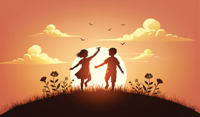 Fototapeta premium Two Children Holding Hands at Sunset Silhouette