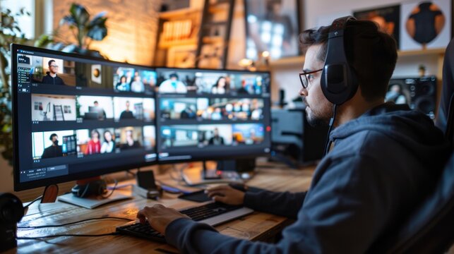 A person engaging in a virtual workshop, using a computer and study materials at home