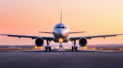 Obraz premium A stunning view of an airplane on the runway during sunset, showcasing its sleek design and vibrant colors against the sky.