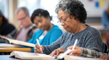 Fototapeta premium A group of adults practicing reading comprehension in a classroom, using workbooks and flashcards