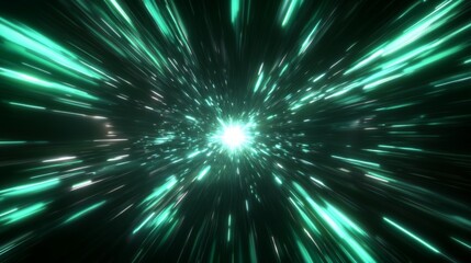 Obraz premium A futuristic light tunnel abstract background with a bright white star explosion. Light speed, black green and cyan light beams flying fast from center to edges of screen.