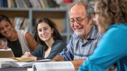 Adults in a literacy class, reading aloud and discussing the material with the instructor