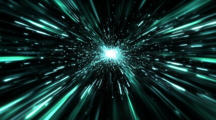 Naklejka premium A futuristic light tunnel abstract background with a bright white star explosion. Light speed, black green and cyan light beams flying fast from center to edges of screen.