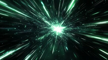 Fototapeta premium A futuristic light tunnel abstract background with a bright white star explosion. Light speed, black green and cyan light beams flying fast from center to edges of screen.