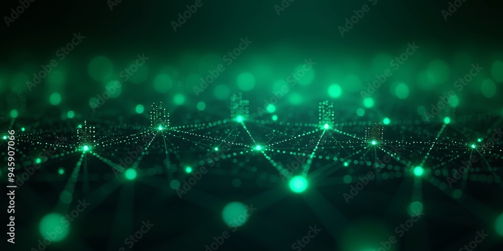Poster neural network visualization: glowing green nodes in digital landscape
