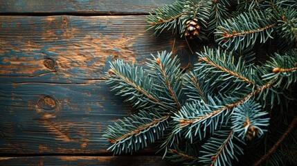Rustic Christmas Decor: Spruce Branch on Aged Wooden Background