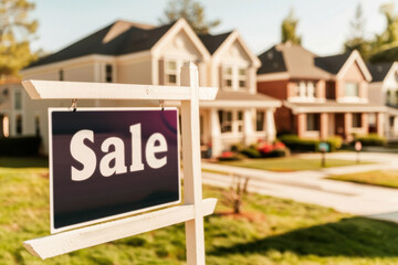 Obraz premium A vibrant neighborhood scene featuring a 'Sale' sign in front of beautiful homes, ideal for real estate marketing.
