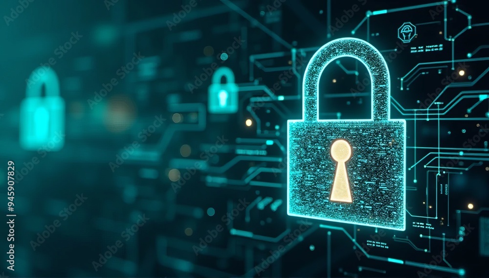 Poster cybersecurity concept: digital padlock on circuit board network