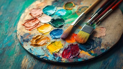 Obraz premium Colorful Artists' Palette with Paint Samples and Brushes