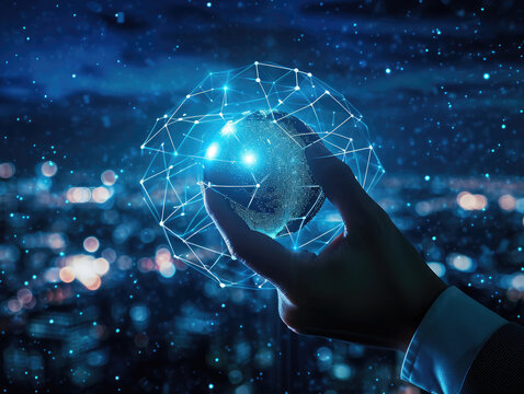 hand touching global network and data exchanges over the world 3D rendering, network city background. Internet concept. Technology Ai for science, business, innovation
