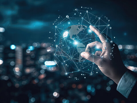 hand touching global network and data exchanges over the world 3D rendering, network city background. Internet concept. Technology Ai for science, business, innovation