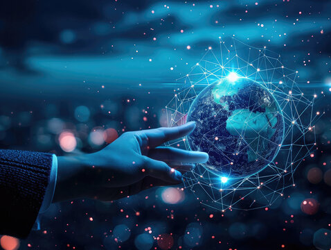 hand touching global network and data exchanges over the world 3D rendering, network city background. Internet concept. Technology Ai for science, business, innovation