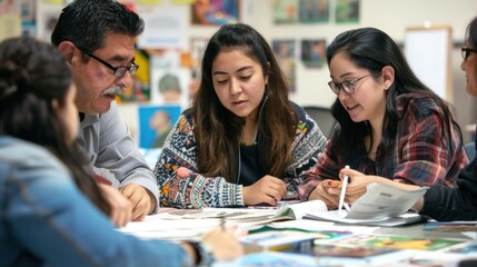 Hispanic learners collaborating on a group project in an adult education class, sharing ideas and working together